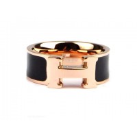 Hermes Enamel Clic H Ring in 18kt Pink Gold with Black